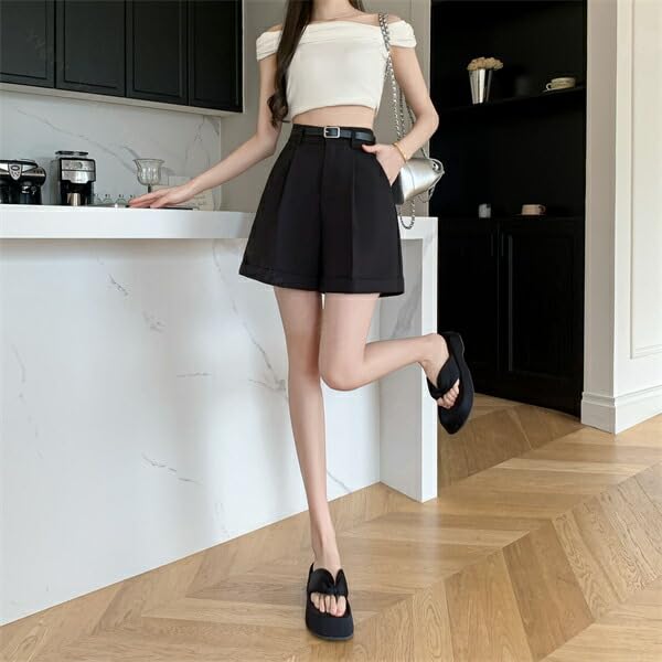slim cuffed wide cropped fp9 Women's shorts, pants, trousers, belted, belt, hem, leg, pockets, length, bottoms, (Black XL)