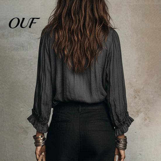 Classic Fall Top Women Ruffle V-Neck Top, Solid Color Casual Long Sleeve Shirt Pullover Shirt, Retro Pleated Loose Blouse for Autumn