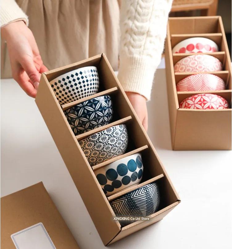 4.5 inch Japanese ceramic bowl, kitchen utensils, soup bowl, printed pattern gift box, 5 pieces ceramic bowl bowl set ramen bowl