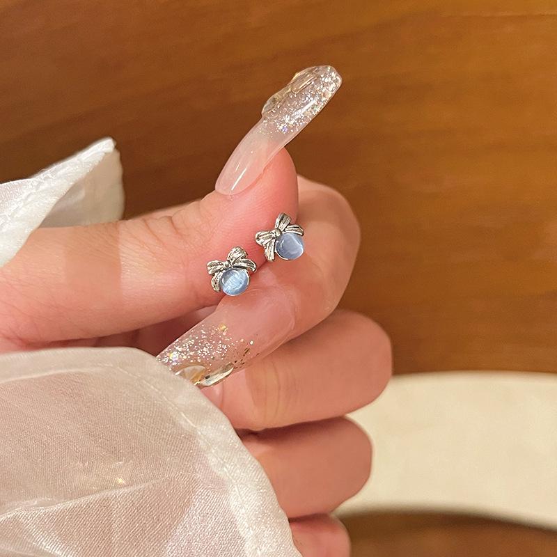 S925 Silver Bow & Blue Cat's Eye Star and Moon Earrings for Elegant Women