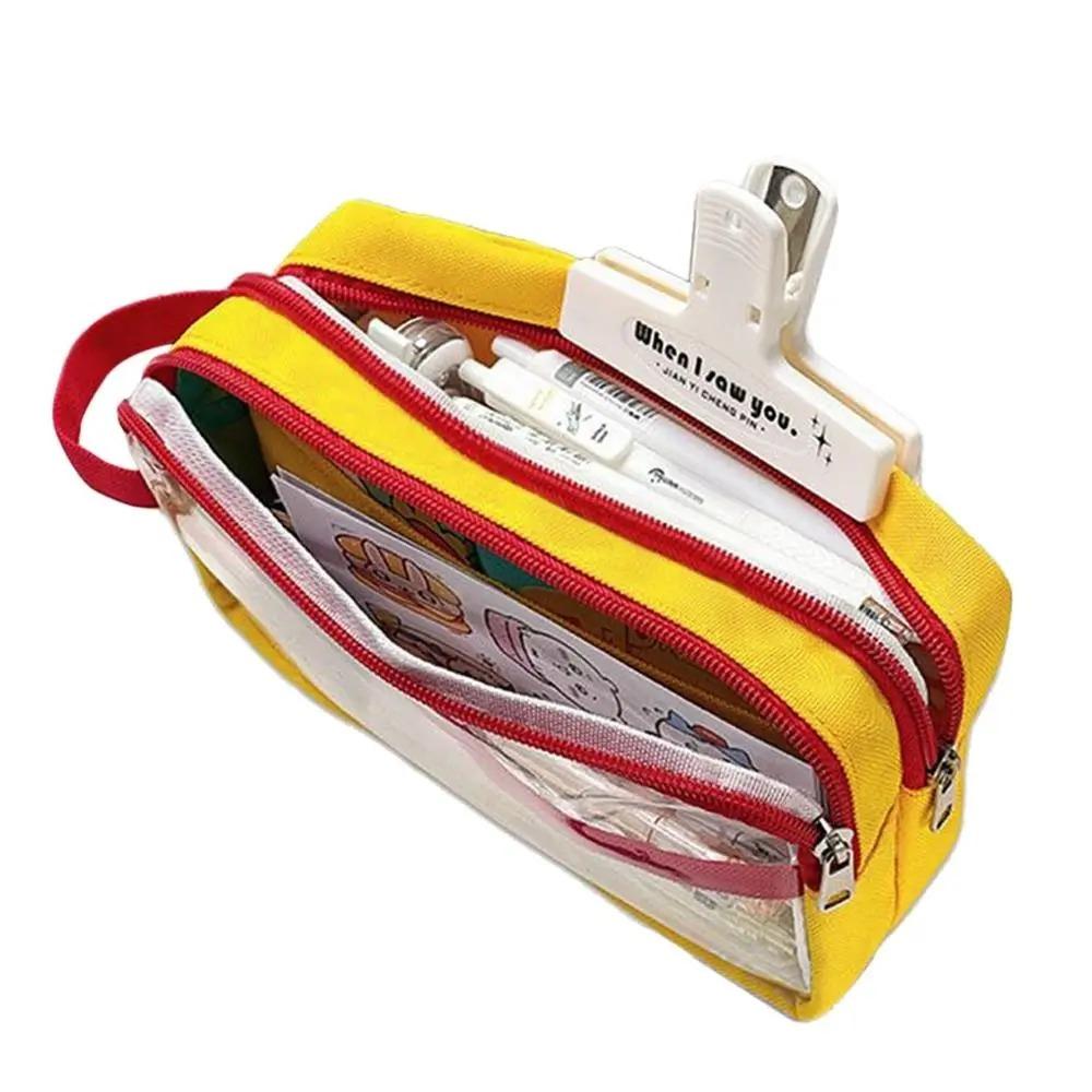 Transparent Pencil Case Multi-layer Stationery Storage Box Durable Contrast Color Pen Bag  Student