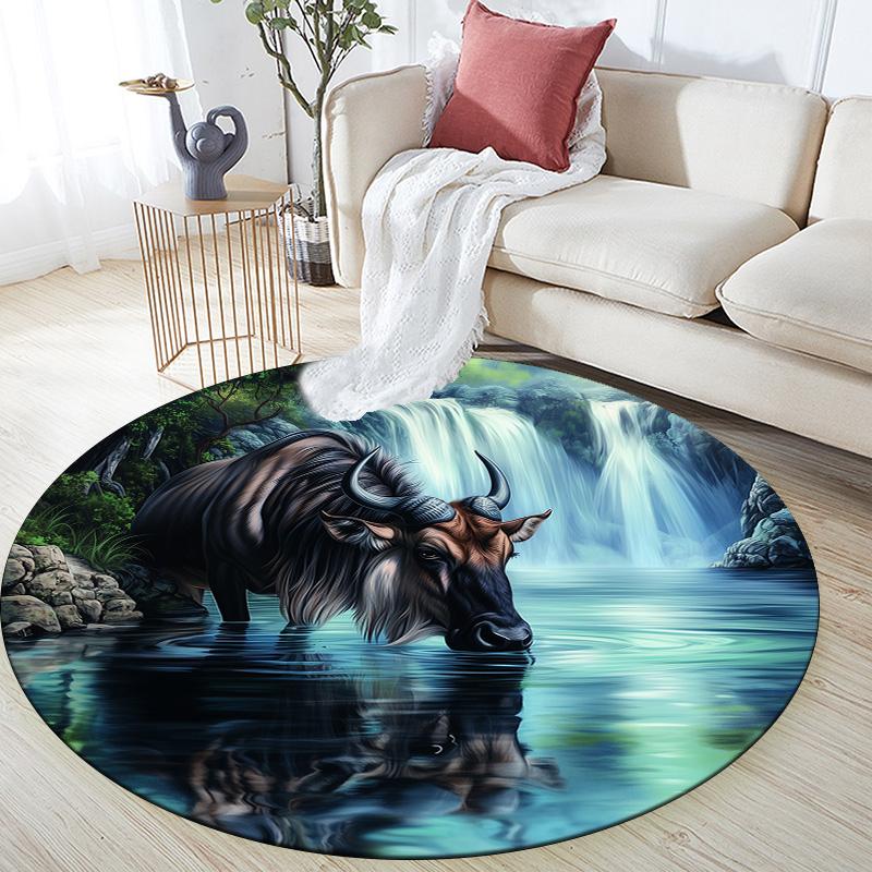 Wildebeest,Round Area Rug,Carpet Rug for Living Room Bedroom Sofa Playroom Decor,Non-slip Floor Mat