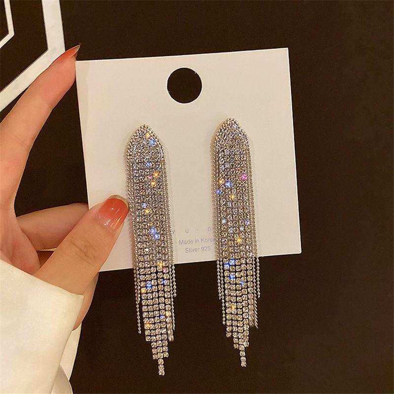 European & American Fashion Long Tassel Rhinestone Earrings with 925 Silver Needle - Trendy Exaggerated Design