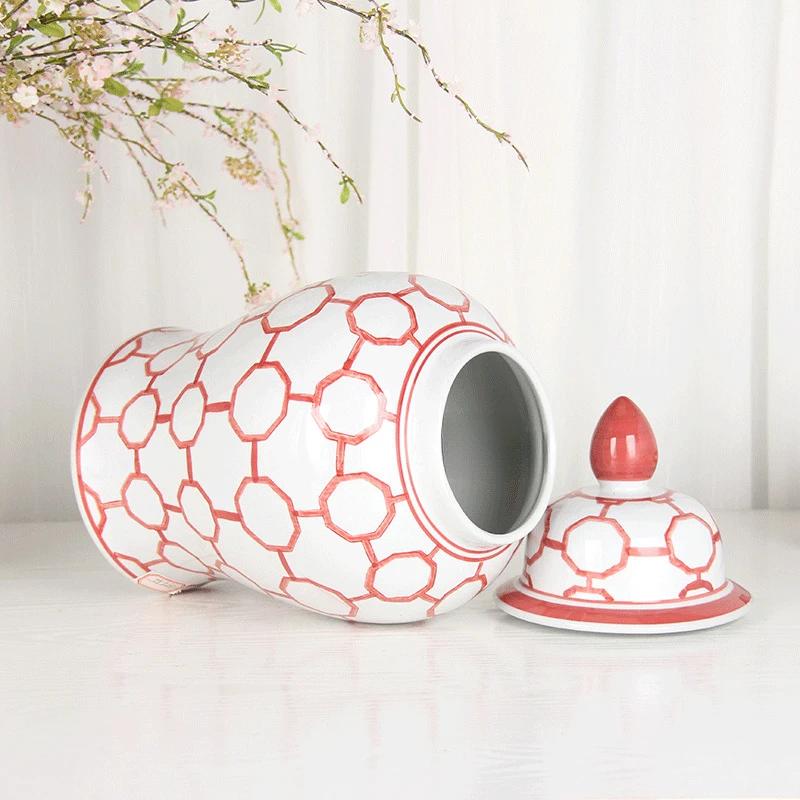 Ceramic Checkmate Jar Red Gingerbread Jar Flower Vase Porcelain Ornament Chinese Handicraft Home Decoration Accessories