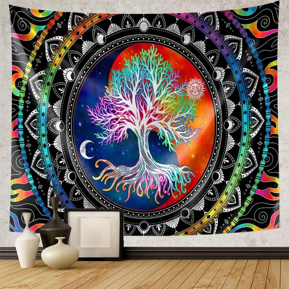 Green Tree of Life Tapestry Hippie Psychedelic Sun and Moon Wall Hanging Witchcraft Aesthetic Home Decoration Background