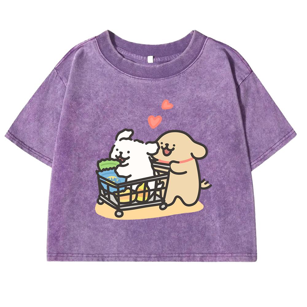 Love Filled With Shopping Carts Print Retro Tee Shirt Washed Fashion Short Sleeve Street Slim Tees Clothes Cotton Top