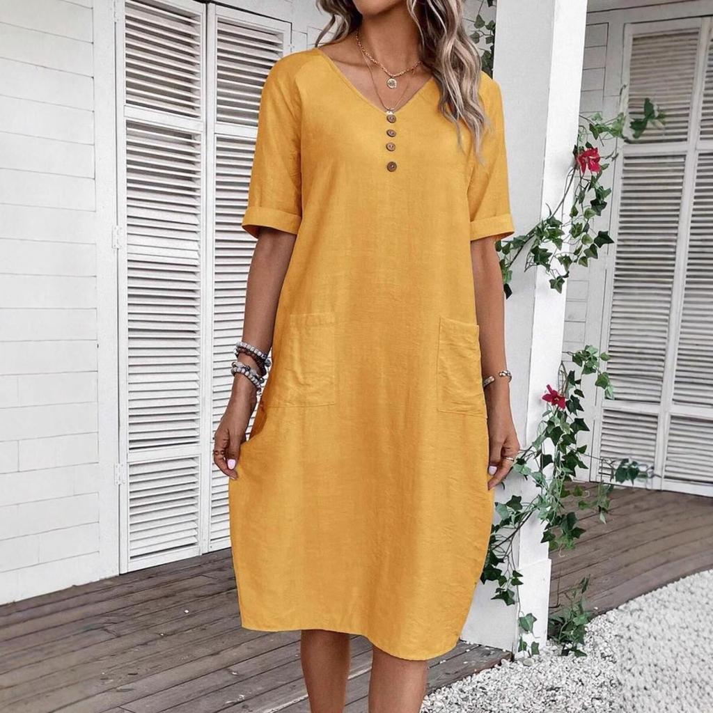 LYRIA Women's Cotton Linen Short Sleeved Dresses Loose And Comfortable Vacation Dress For Women