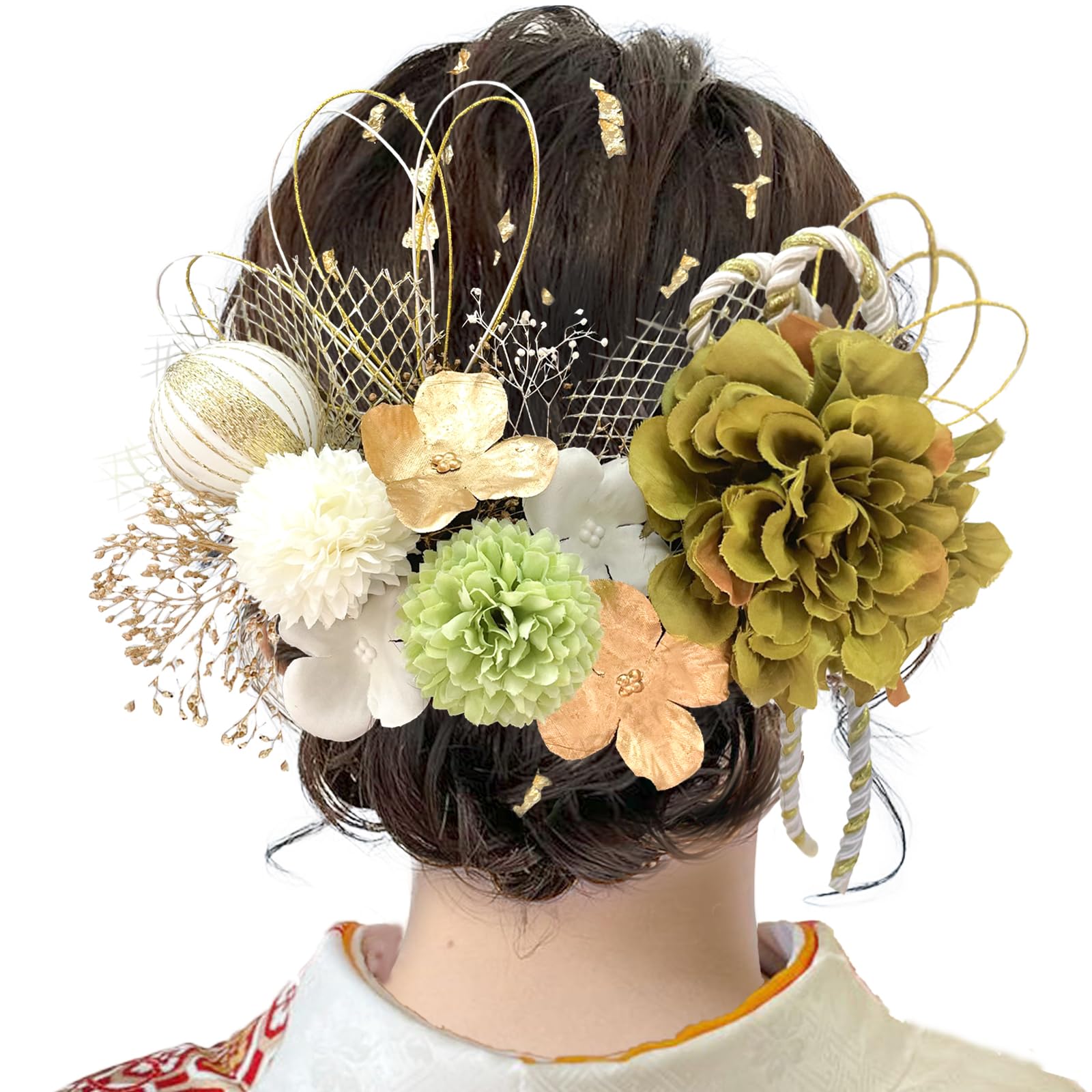 

[JZOON] 8 Colors Available Dried Flower Hair Ornament Dahlia Artificial Flower Ornament Japanese Ball Red Hair Accessory Gold Mizuhiki Headpiece