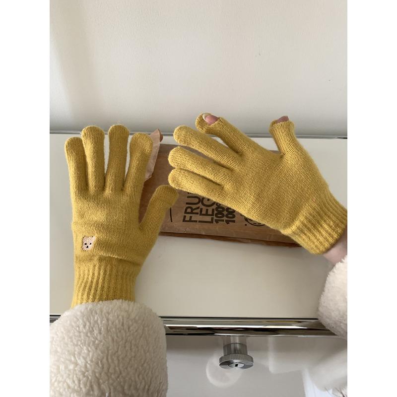 Cartoon Thermal Gloves Women Winter Thickened Cute Couple Student Cold Knitted Wool Riding Five Fingers