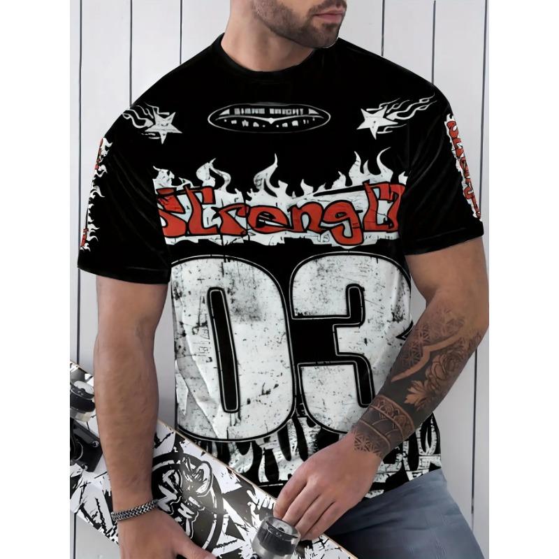 

[Print Design-Not Textured] Men S Print Street Style T-Shirt - All-Over Bold Letter And Number Print L