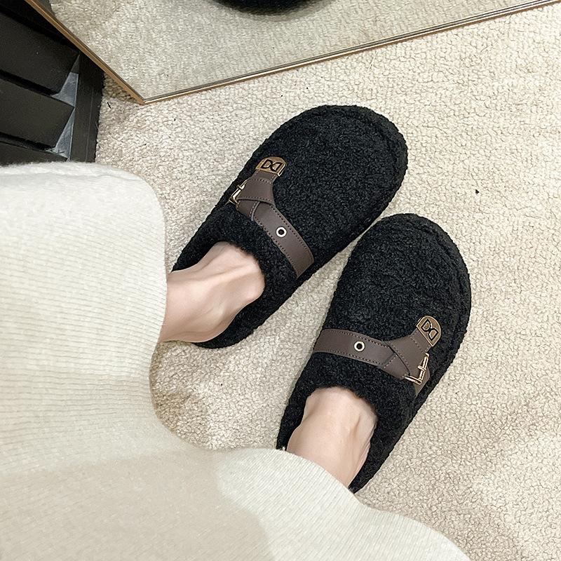 Niche Mao Mao Slippers Women's Wear 2025 New Autumn and Winter Internet Celebrity Versatile Lamb Wool Thick-bottomed Cotton Slippers