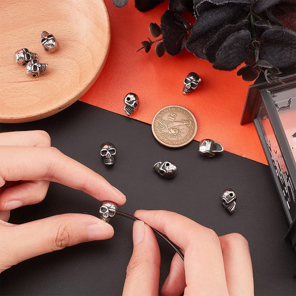 10Pcs 304 Stainless Steel Beads, Skull, Antique Silver, 14x9x9mm, Hole: 1.5mm