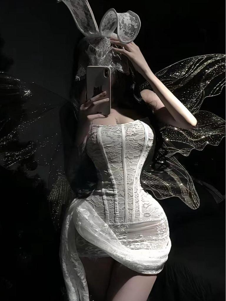 2025 Fall Women's Lace Mesh Off-Shoulder Sheer Bandeau Slim Dress