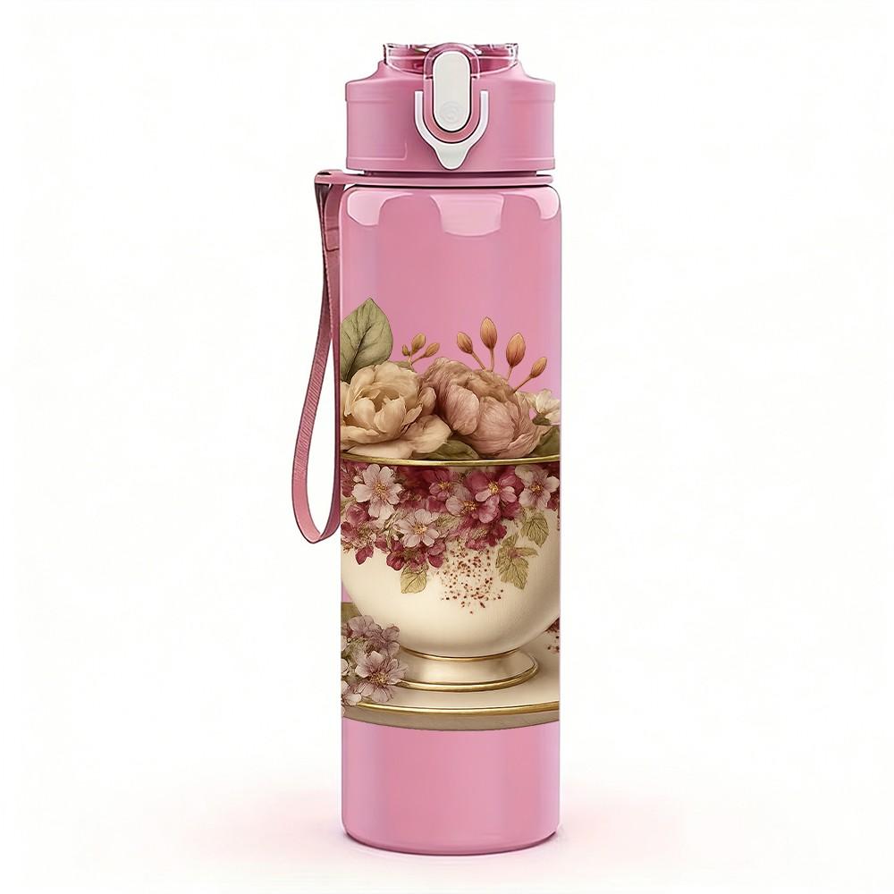 1PC Vintage Teacup Rose Flower Print 750ml Color Plastic Sports Water Bottle Leakproof Flip Straw Lid Suitable for Sports Office Home Use