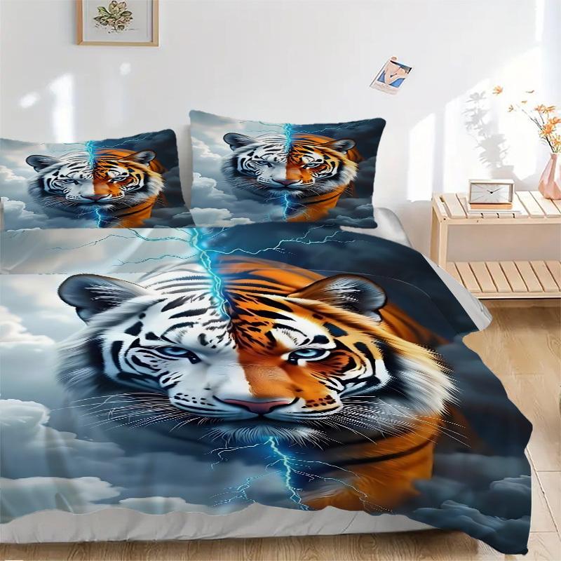 

3pcs Tiger Lightning Print Bedding Set - 1 Duvet Cover + 2 Pillowcases(Core Not Included), Machine Washable Polyester yy251216123 135x200cm