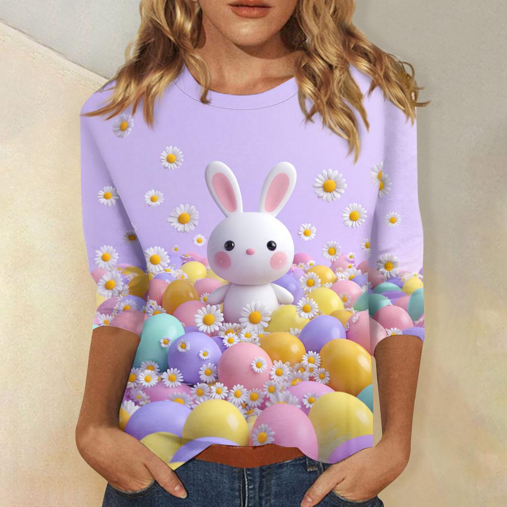 Camisas para Mujer Manga Tres Cuartos Cuello Redondo Holgada Casual Camisa Camiseta Estampada