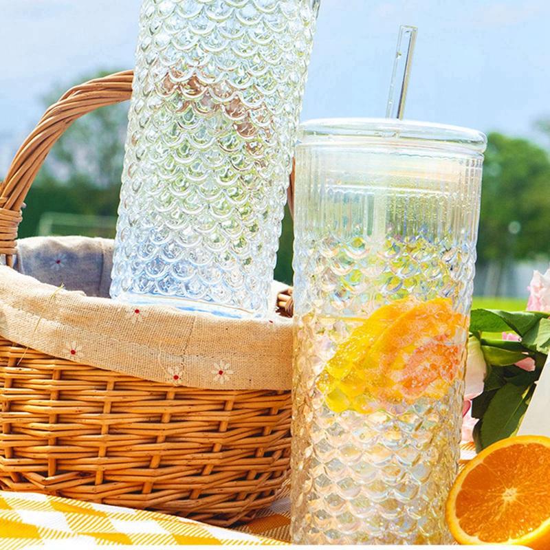Fish Scale Pattern Non-slip Glass Straw Cup Glass Cups with Lids and Straws Ripple Glassware For Hot and Cold Drinks
