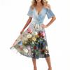 Women's Casual Fashion Flared Skirt V-neck Short-sleeved Floral Print Dress