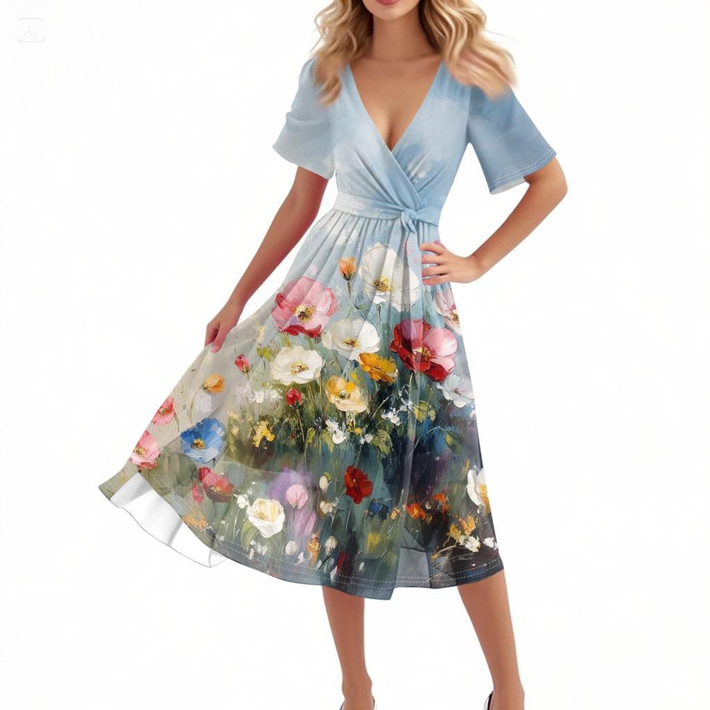 Women's Casual Fashion Flared Skirt V-neck Short-sleeved Floral Print Dress