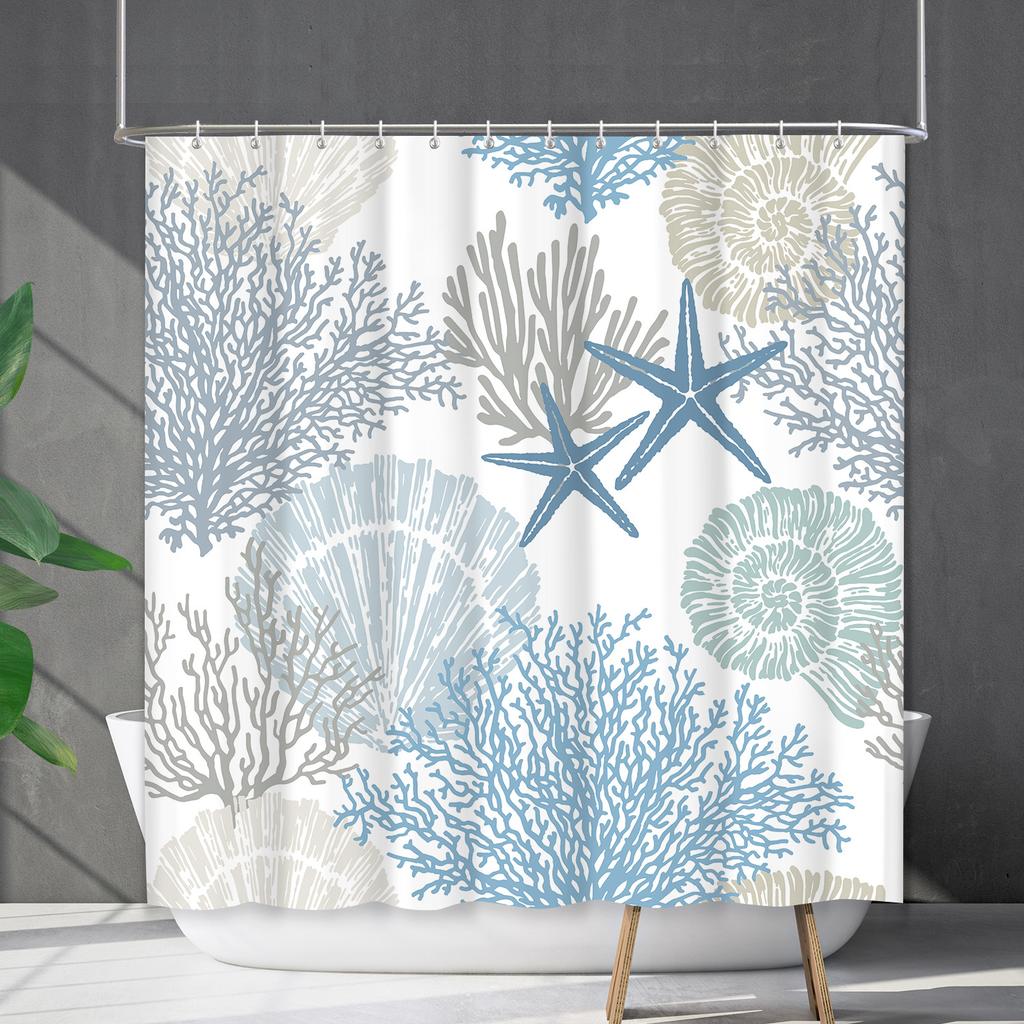 Shower Curtain Waterproof And Mildew-Proof Digital Printing Starfish Shell Shower Curtain Bathroom Partition Curtain Free Punching