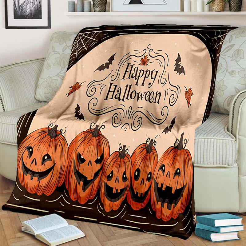 Halloween Pumpkin Ghost Print Flannel Blanket Cozy Warm Throw Bedroom Sofa Present Indoor Home Holiday Lounge Bedding Decor