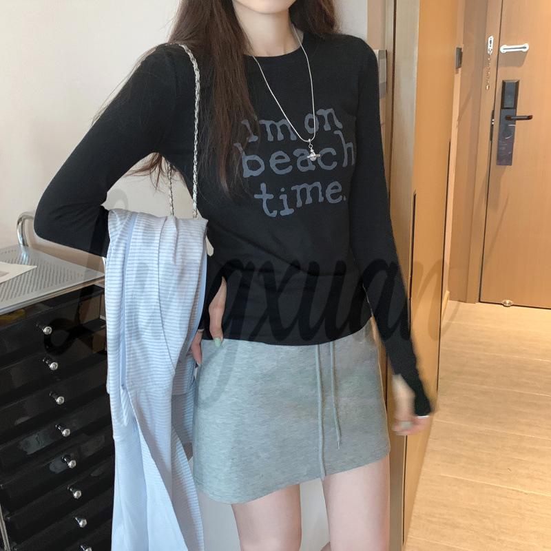Women s Summer 2026 Slim Fit Printed Long Sleeve Round Neck T-Shirt Large