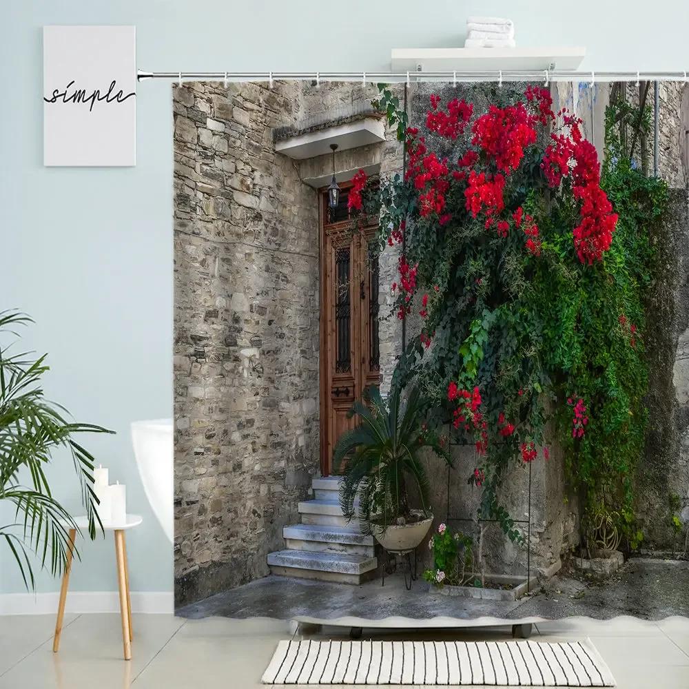 Greece Street View Shower Curtain Country Retro Town Spring Green Plants Flowers Vines Scenery Bathroom Decor With Hook Screen
