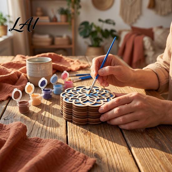Creative Hobby Sets for Beginners 4 Pcs DIY Wooden Coasters Painting Kit Paint You Own Coaster Craft Kit with Customizable 6 Color Paints And