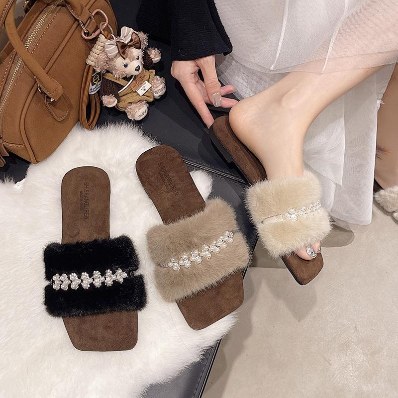 Flat-bottomed French versatile fluffy shoes women's shoes wear 2025 new autumn and winter soft-soled plush cotton slippers