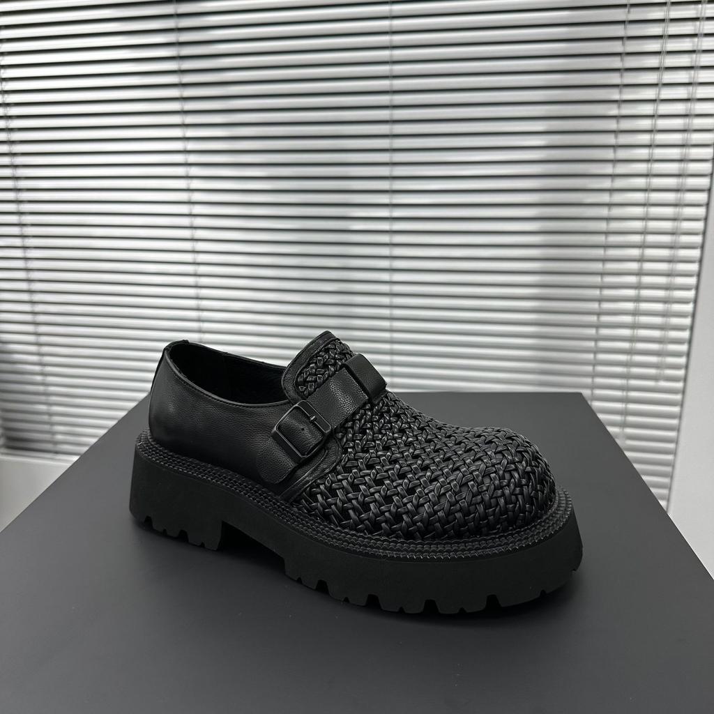 Genuine Leather Men's Shoes 2025 New High-end Woven Hollow Breathable Loafers British Style Platform Trend Big Head Shoes Men