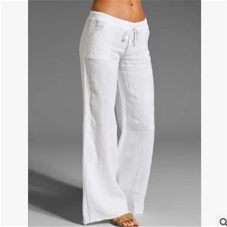 Women Cotton Linen Pants Solid Color Beach Pants Elastic High Waist Wide Leg Yoga Pants