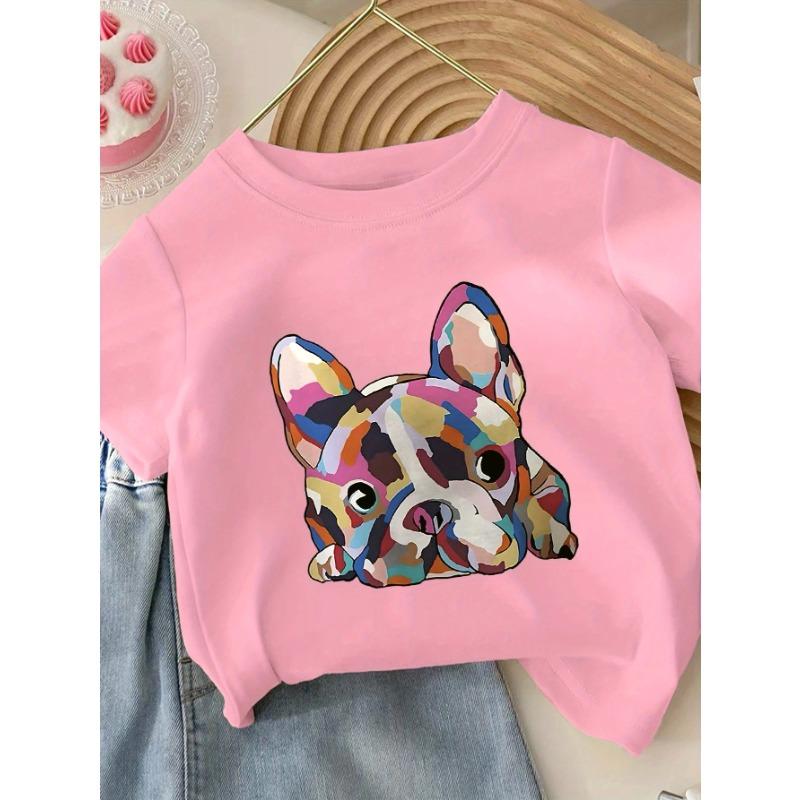 

Girls Round Neck T-Shirt with Adorable French Bulldog Print Short Sleeve Casual Summer Top for Youngsters Girls Shirts 110