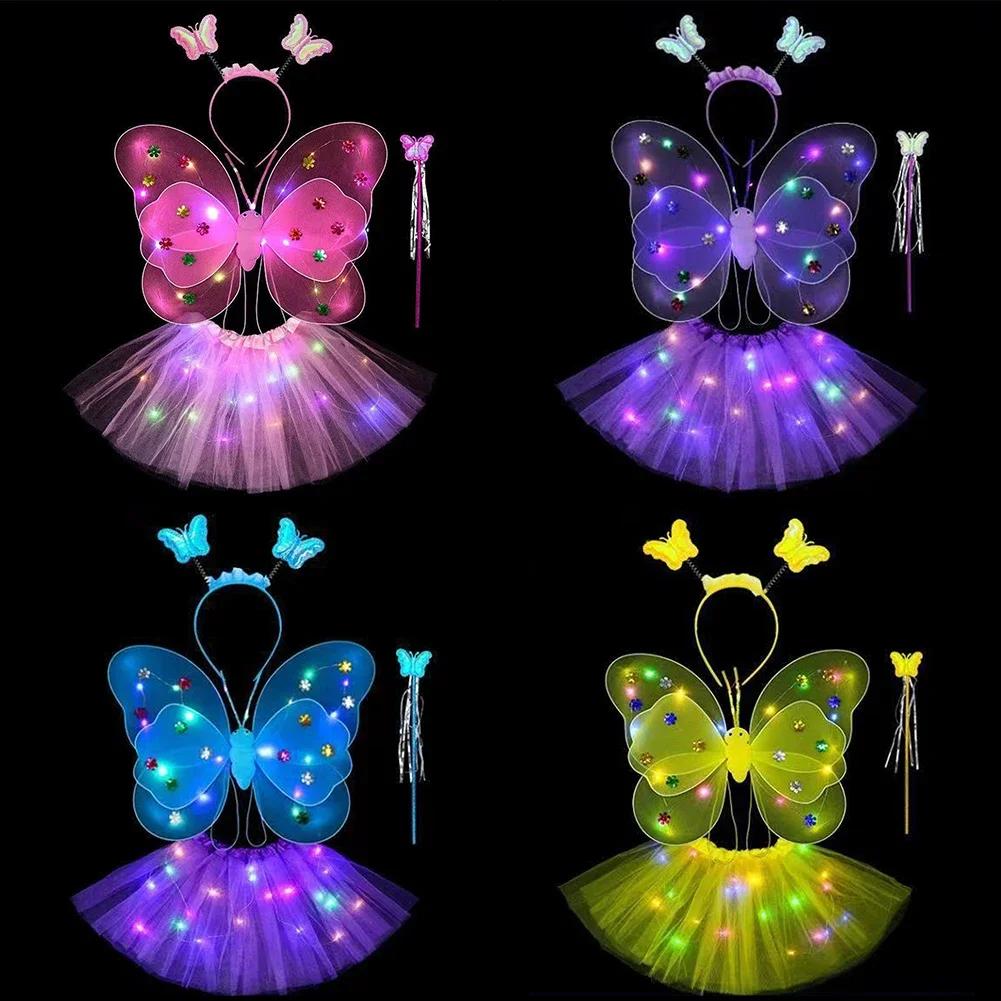 LED Children Costume Props Girls Skirts Angel Luminous Wings Flashing Butterfly Skirt Lights Suit 2-8year Easter Valentines Day