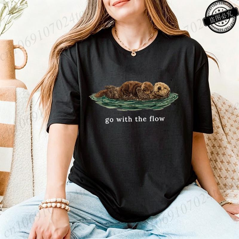 Go with The Flow Shirt,Cute Otter Print Women s T-Shirts,Sea Otter Lover Gift,Vintage Nature Graphic T-shirt,Ocean Life Tees XXS