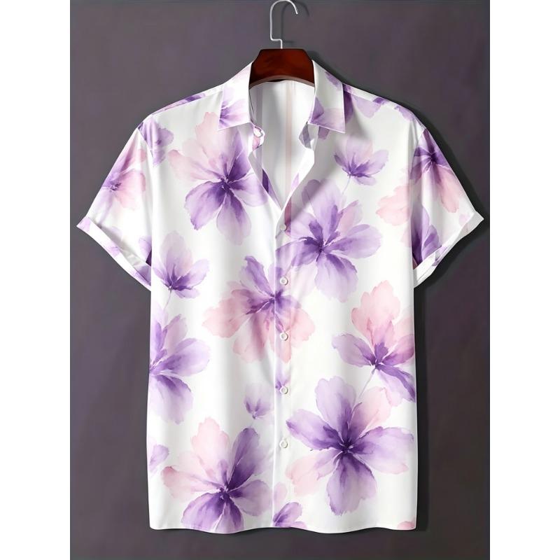 Men's Watercolor Blend Dye Tie Dye Printed Short Sleeved Shirt with Lapel Buttons Cardigan, Hawaiian Vacation Shirt