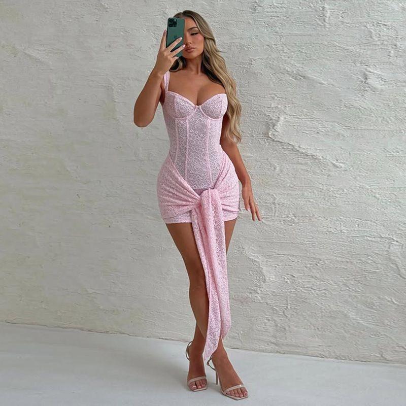 

Lace V-neck Bag Hip Suspender Dress Lace Sexy V-neck Hip Spaghetti Straps Dress Pink M