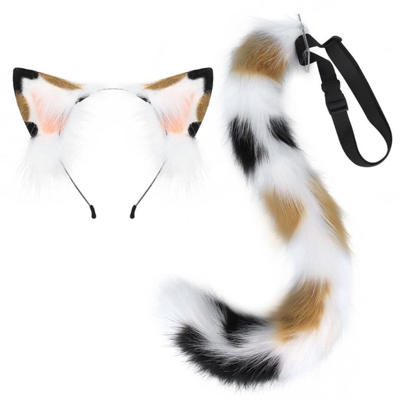 Anime-Cosplay Props Cat Ears and Tail Set Plush Furry Animal Ears Hairhoop with Cat Tail Fancy-Dress Party Costumes