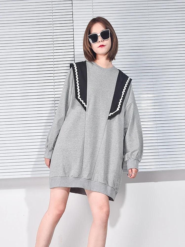 Xitao Patchwork Kleid Mode Kontrast Farbe Frauen Volle Hülse Casual Kleid XJ5139