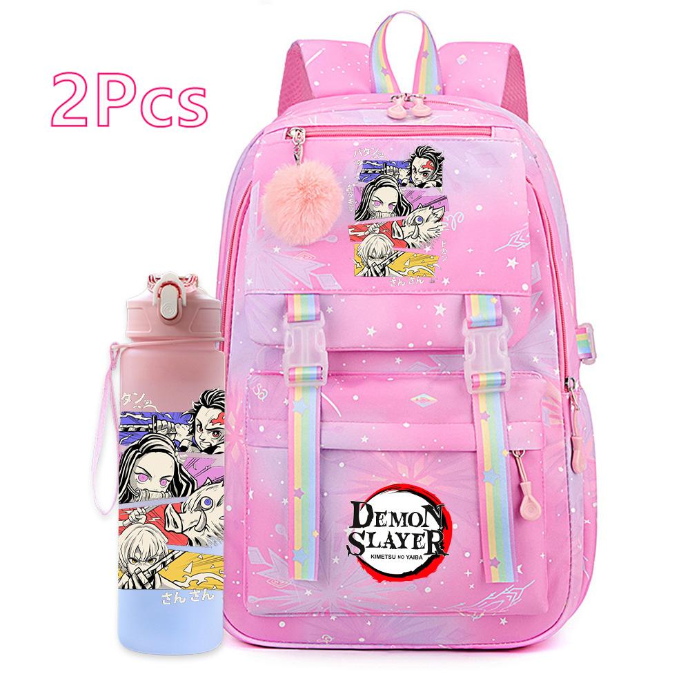2Pcs/set Anime Cartoon Demon Slayer Printed Backpack with 750Ml Water Bottler for Teenager Bookbag Large Capacity Waterproof Travel Bag Gift