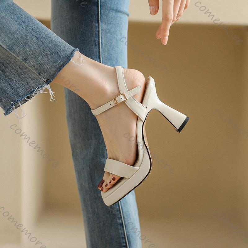 Fashion Comemore 2025 Summer New Women's High Heels Sandals Fashion Sweet Style Sexy Thick Heeled Peep Toe Beige Black Sandales Femmes