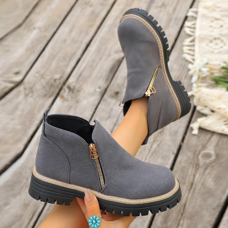 

Жіночі черевики на щиколотку широкої повноти з круглим носком, черевики-мартінки на масивному підборі з бічною блискавкою, осінньо-зимові короткі черевики для жінок 43 темно-сірий