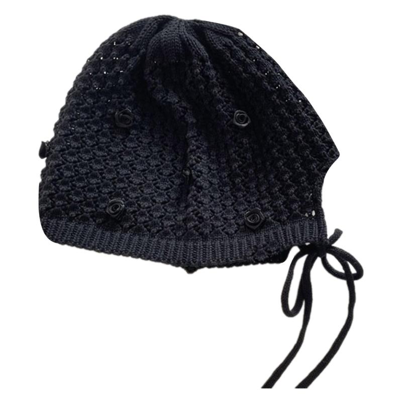 Knitted Beanies Hat for Women Harajuku Hollowout Skull Hat Handmade Crochet Hat with Rose Decors Vacation Pullover Hat