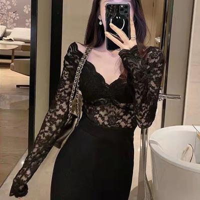 New Spring and Autumn Fashion Western Style Slim Fit Sexy V-neck Mesh Hollow Solid Color Versatile Women's T-shirt