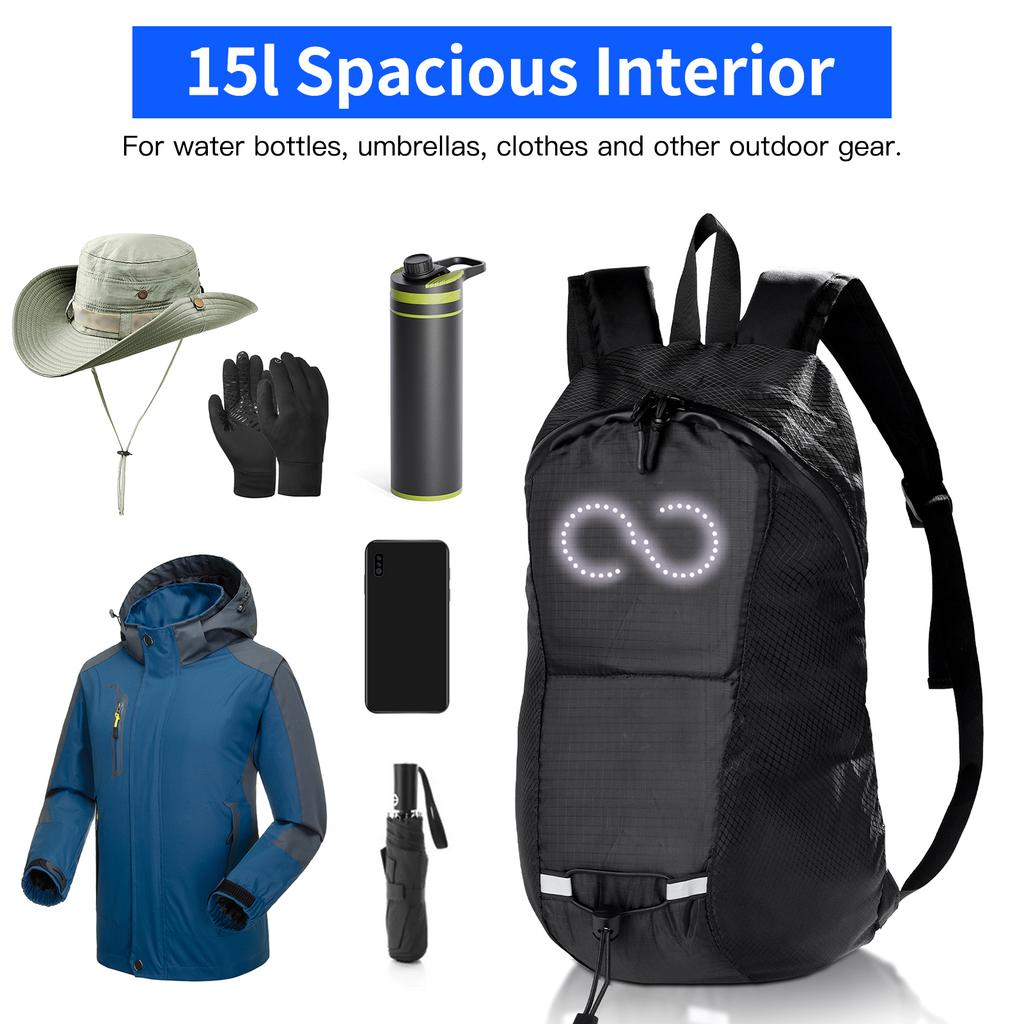 Colorful Led Backpack Riding Backpack Outdoor Hiking Backpack For Bike Riding Men Women Lightweight Backpack 15L Black