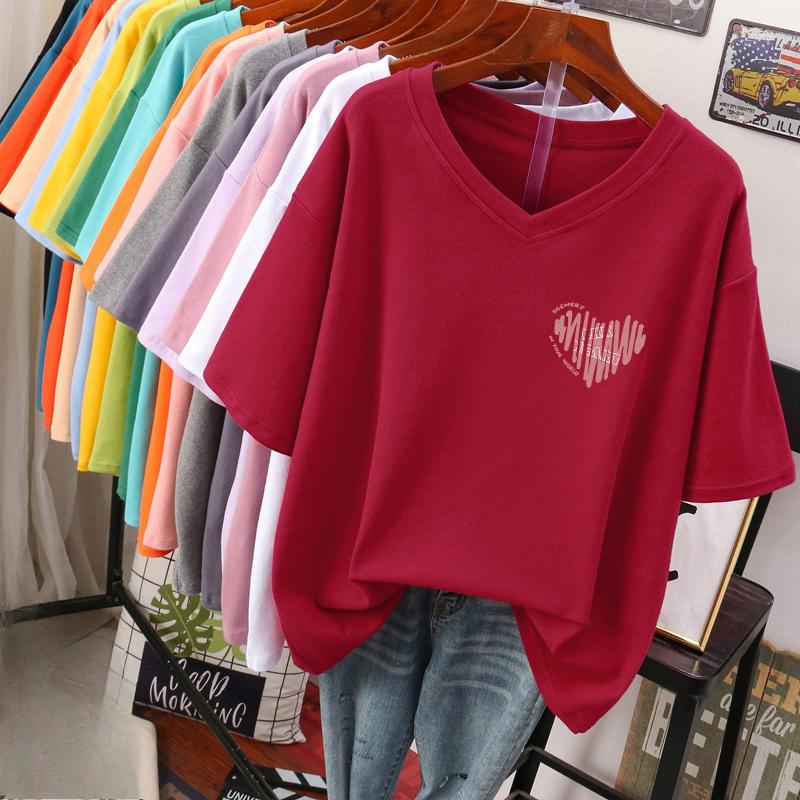 T-shirt a maniche corte, Ampia, Top V-neck stampato snellente per donna