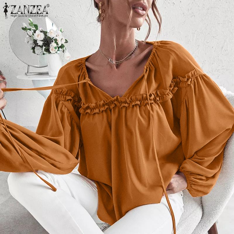 

ZANZEA Женская блузка, повседневная футболка с v-образным вырезом и длинными рукавами на шнуровке