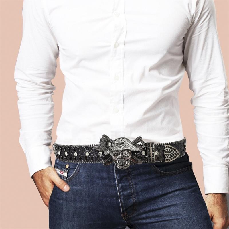 Rhinestones Skull Buckle Belt for Women Men Sequined Hiphop Belt for Pants Jeans Popular Rockers Belt Waist Accessories
