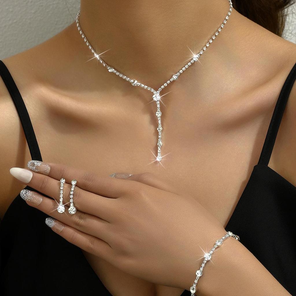 Stříbrná vodní diamantová šperková sada: Dámské náušnice, náhrdelník a náramek - Jednoduché třídílné svatební doplňky