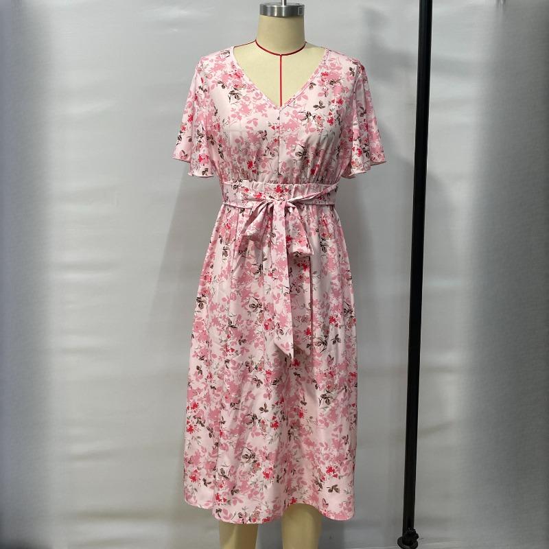 Summer Short Sleeve Women Printed Loose Dress Fashion V-neck Ruffle Lace Up A Line Floral Casual Dresses Women Elegant Slim Vintage Sexy Dress 26175