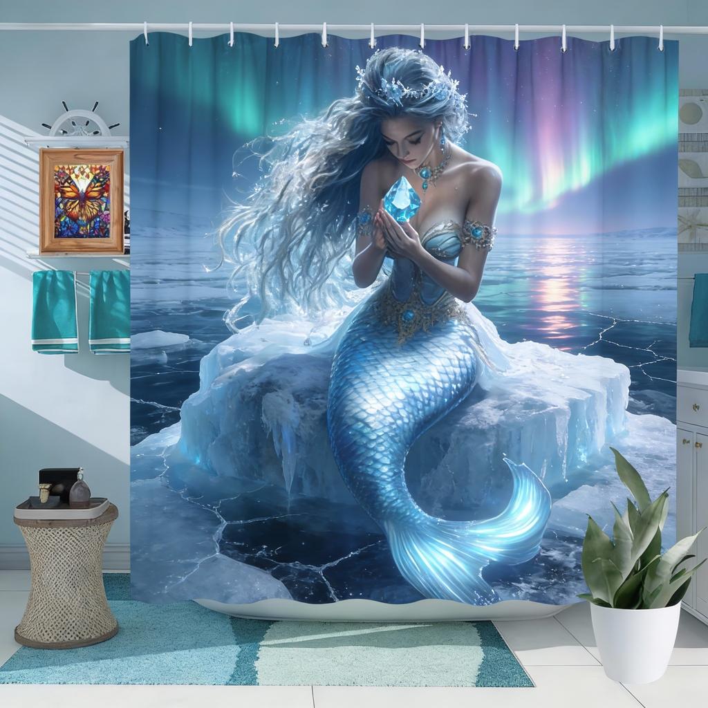 1ks Zlatý ocas mořské panny Podvodní sprchový závěs - Magická koupelnová dekorace, Polyester, Pratelný, 70,8x70,8 palce, Sušit na šňůře, n